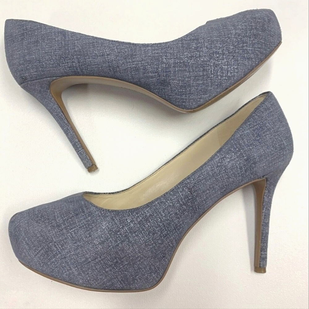 NINE WEST, JULIETTE, 7, Metallic Blue Suede, Almond Toe, Platforms, Pumps, Heels